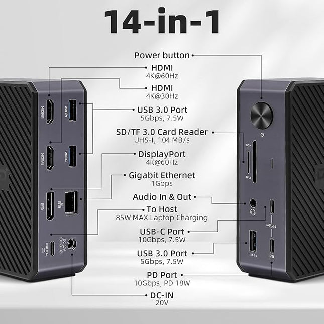 RVP+ USB C Docking Station 3 Monitors, 14-in-1, 10Gbps USB-C, 5Gbps USB 3.0, 85W Laptop-Charging, PD 18W, Triple Display-4K HDMI Dual Monitors & DisplayPort, Gigabit Ethernet, Audio, TF/SD 3.0(RVP-G8)