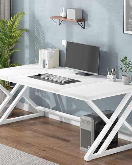 LVB White Long Computer Desk, Modern Large Wood Metal Office Desk, Farmhouse Pc Study Work Writing Desk for Two Person, Rustic Double Workstation Executive Desk for Home Bedroom Living Room, 70 Inch