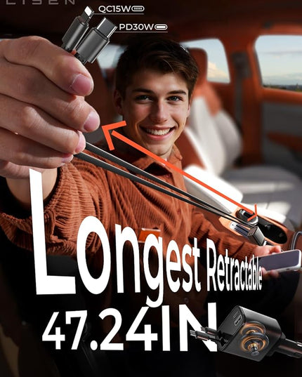 LISEN Long Retractable Car Charger 4 in 1 (47.2in Cable), 69W USB C Car Charger for Truck & Uber Drivers, Truck Accessories Fast Charging for iPhone 17 16 15 14 13 12 11 X Series, Uber Signs for Car