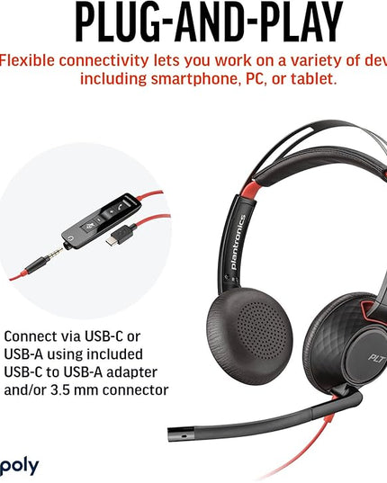 Poly Blackwire 5220 Wired Headset - Flexible Boom Mic - Noise Cancelling Headphones with Mic - USB-C, USB-A, 3.5mm - Ergonomic Over-Ear Design - Works with Microsoft Teams, Zoom - Work from Home