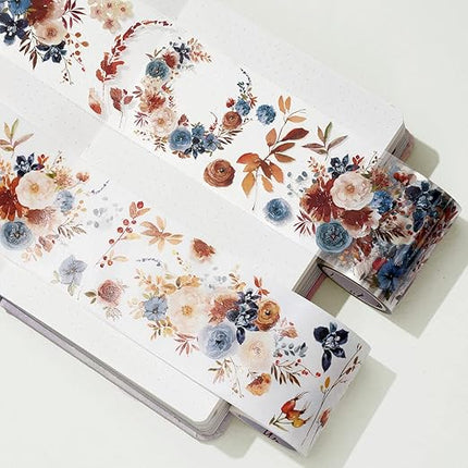 WT Dusty Blue & Cinnamon Wide PET Tape, Single Roll, Original Designs, Floral Decorative Tape, Transparent Craft Tape for Bujo Planner & DIY Supplies, Watercolor Flowers