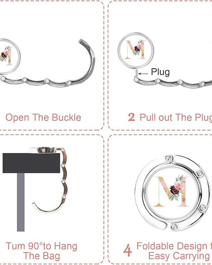 Iqimott 3pcs Personalized Initial Foldable Purse Hook for Table, Flower Letter Folding Handbag Hanger Portable Magnet Table Hook Holder, Collection Desk Purse Hooks for Women Bag (Pink-M)