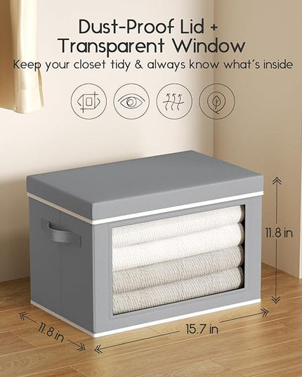 Collapsible Storage Bins with Lids - Stackable Storage Containers with Window, 15.7 Inch Fabric Organizing Bins for Closet, Home & Office Organization Baskets, Grey, 3 Pack