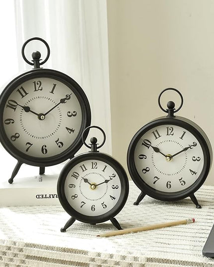 EMAX HOME Small Black Desk and Shelf Clock, 4.7*7.3 Inch Retro Elegant Tabletop Clock with Glass Cover, Silent Non-Ticking Battery Operated Decorative Clock for Living Room, Office, Bedroom, Gift Idea