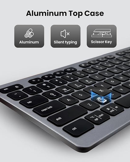 Wireless Keyboard, Bluetooth Keyboard with Leather Palm Rest, Backlighting, Multi-Device Pairing, USB C Rechargeable, for Windows, Mac, iOS, Android, Chrome, Office, Students, Long Hours Typing
