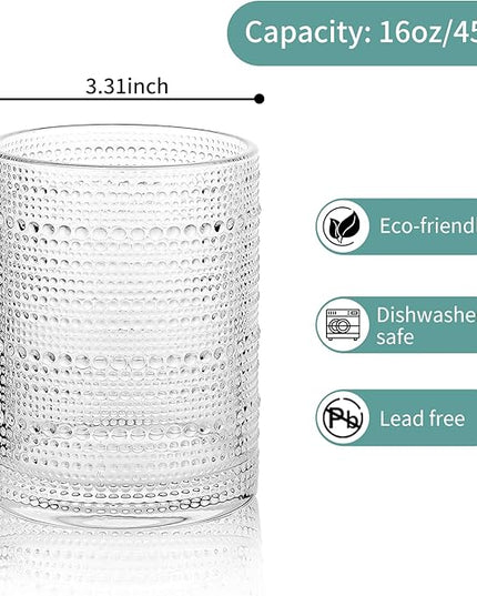 Hobnail Drinking Glasses Set of 2, 16 Oz Vintage Embossed Glass Cup Water Glasses Kitchen Glassware for Cocktails, Beer, Juice, Whiskey