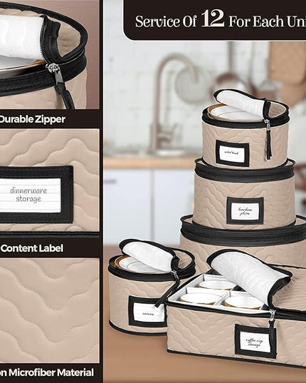 China Storage Containers 5-Piece Set Moving Boxes for Dinnerware, Glasses, Plates, Mugs and Saucers Sturdy Quilted Microfiber Dish Organizer with Dividers for Seasonal Storage - Holds Set of 12, Brown