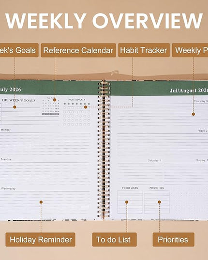 2026 Planner Weekly and Monthly Daily Calendar Planners 8.5 x 11, Jan 2026-Dec 2026, Hard Cover Large Yearly Agenda with Stickers & Tabs for Women Work Home- Green Floral