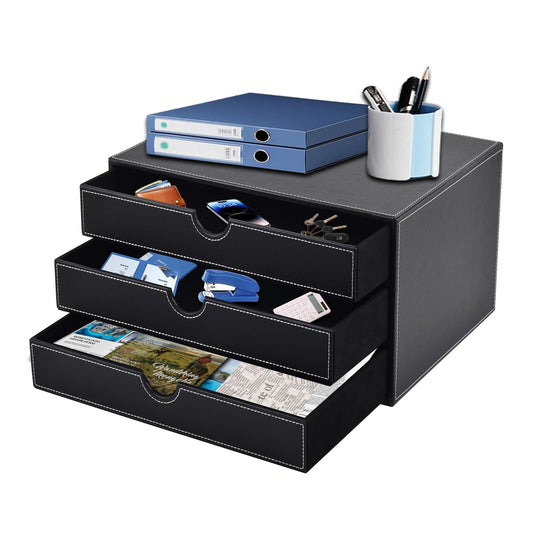 XNONE PU Leather Desk Organizer with 3 Drawers,Executive Office Supplies Desktop Filing A4 File Cabinet/Holder for Jewelry/Bill/Paper/Documents/Makeup Home Decor Stationery Storage Box,Black