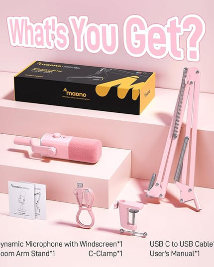 MAONO XLR/USB Gaming Microphone Kit: Dynamic PC Mic for Streaming Podcasting, Software Support, Mute Button, Gain Control, RGB Computer Mic with Boom Arm Stand, for Recording, PS4/PS5, PD100XS Pink