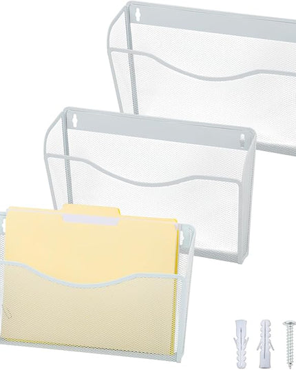 EASEPRES 3 Single Pocket Mesh Hanging File Organizer, Vertical Wall Mounted Magazine File Holder, Mount Basket Mail Paper Document Folder Organizing for Office, Home and School, White