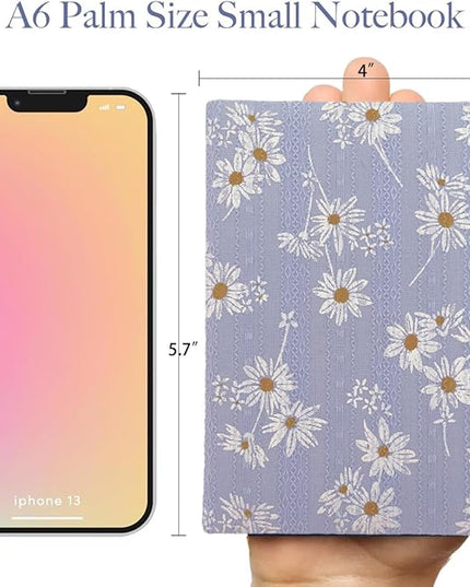 Daisy Gifts for Women, A6 Pocket Notebook, Floral Fabric Journal, 4x6 Lined Notebook & Blank Sketchbook, Cute Small Notebook, Daisy Floret Blue Journal, Gift for Girls.