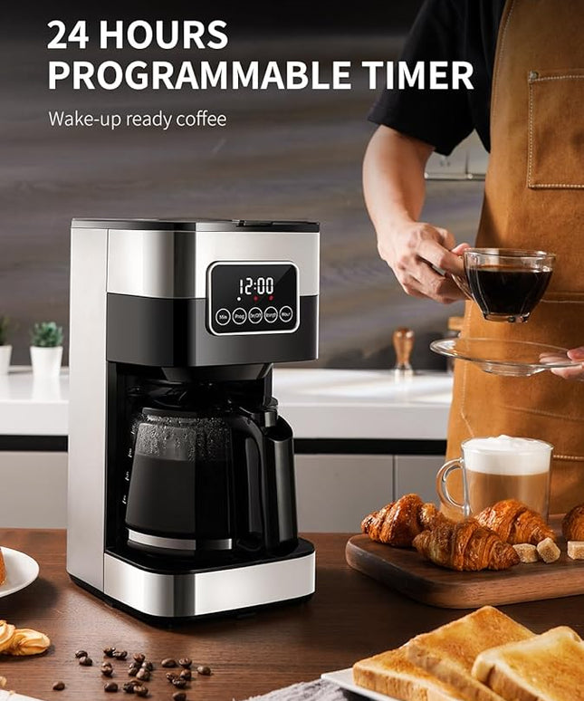 SHARDOR 10-Cup Programmable Coffee Maker, Regular & Strong Brew Drip Coffee Machine for Home and Office, Auto Shut Off, Permanent Filter, Silver