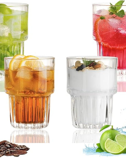 11oz Drinking Glasses Set of 4, Juice Glasses Stackable Tall Glass Mugs for Tea Iced latte Coffee Glass, Beer Glasses, Cocktail Glasses,Water glasses for bar, restaurant