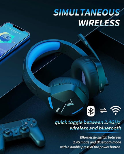 BINNUNE 2.4GHz Wireless Gaming Headset, Bluetooth 5.3 Gaming Headphones with Noise Canceling Mic, 120H Ultra-Long Battery, 50mm Drivers, Multi-Platform for PC / PS5 /PS4/ Switch/Mobile, Blue