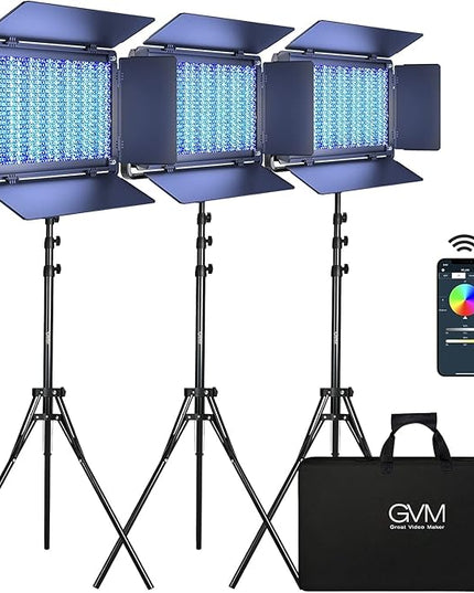 GVM 1500D RGB LED Video Light, 75W Video Lighting Kit with Bluetooth Control, 3 Packs Led Panel Light for Photography, YouTube Studio, Video Shooting, Broadcasting, Conference, 1128 Led Beads