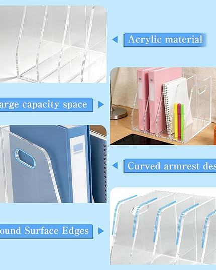 4-Tier Clear Acrylic File Holder, Vertical Document Organizer for Magazines, Binders, Notebooks & Envelopes - Multi-Purpose Desk Storage for Home Office（B5,4 Sections）
