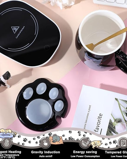 Honeydak Coffee Mug Warmer Cute Cat Mug Set Cup Warmer for Women Heated Coffee Warmers for Mom Home Office Desk Valentine's Day Anniversary Birthday Gifts(Cat,Black)