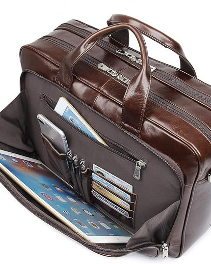 Augus Leather Briefcases for Men, Waterproof Travel Messenger Duffle Bags 17 Inch Laptop Bag YKK Zipper (cofee-1)