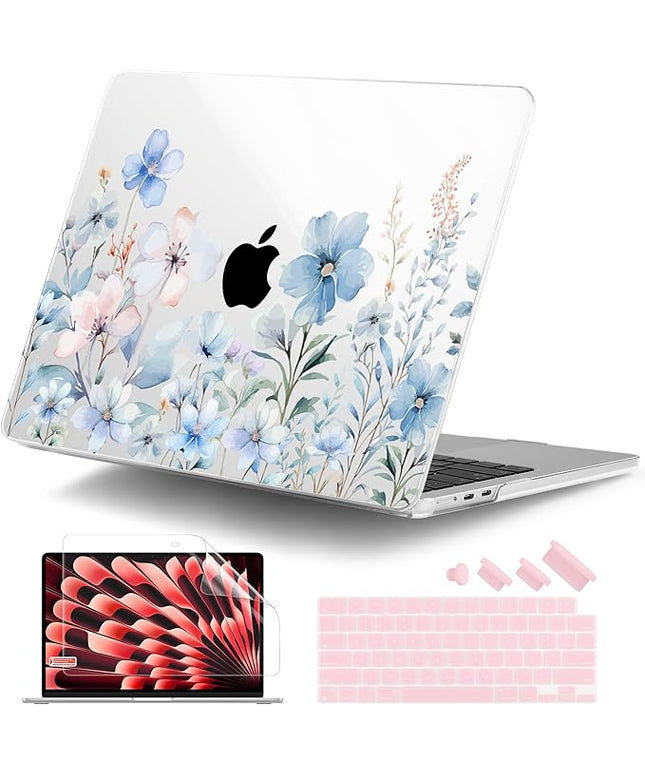 DONGKE for M4 MacBook Air 13.6 Inch Case 2025 2024 2023 2022 Model A3240 A3113 A2681 M3 M2 Chip, Plastic Hard Shell Case Cover with Touch ID for MacBook Air 13 Inch M4 - Blue Flowers