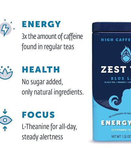Zest Energy Tea Bags – Blue Lady Passion Fruit Black Tea – High Caffeine Tea for Morning Energy, Focus & Clarity – Natural Caffeinated Tea with 150mg Caffeine – 15Ct Box – Non-GMO & Keto Friendly