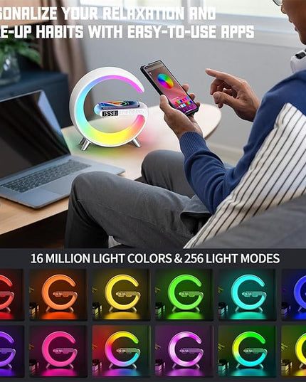 Smart LED Table Lamp, 5-in-1 Night Light Fast Wireless Charging Station, 256 Lights Mode Dimmable Bedside Lamp, Bluetooth Speaker & App Control for Bedroom, Home Decor, Alarm Clock for Festival Gifts