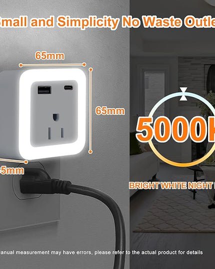 JackonLux Night Lights Plug Into Wall 2 Pack Rechargeable Battery Backup Light Dusk to Dawn Sensor Night Light with Outlet Expander for Adults Kids Bedroom, Kitchen, and Bathroom (Daylight - 5000K)