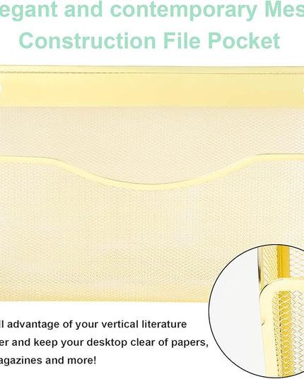 EASEPRES 3 Single Pocket Mesh Hanging File Organizer, Vertical Wall Mounted Magazine File Holder, Mount Basket Mail Paper Document Folder Organizing for Office, Home and School, Gold