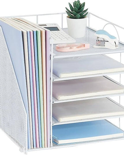 LEKETREE Desk Organizers and Accessories, 5-Tier Paper Letter Tray Organizer with File Holder, Desktop Organizer for Office Supplies (White)