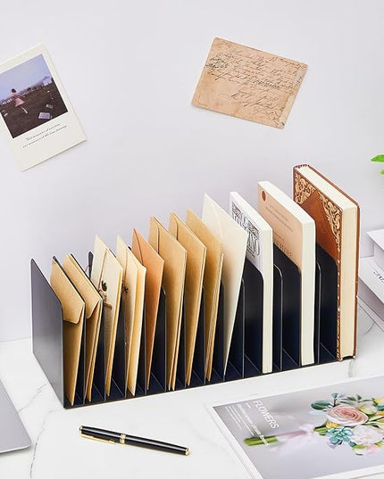 Suzile 2 Pcs Metal Desk File Organizer 15 Compartments Metal Desktop Organizer File Sorter Office Organization File Holder for Home Classroom, Vertical File Organizer, 15.75" l x 5.79" W x 5.41" H