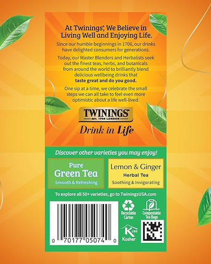 Twinings Green Tea with Jasmine Individually Wrapped Bags, 20 Count (Pack of 6), Fragrant Floral Scent, Caffeinated, Enjoy Hot or Iced, 120 Teabags