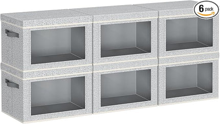 Collapsible Storage Bins with Lids - Stackable Storage Containers with Window, 6 Pack Fabric Cube Bins for Closet, Home & Office Organization Baskets, Light Gray, 14.9" x 9.8" x 9.8"