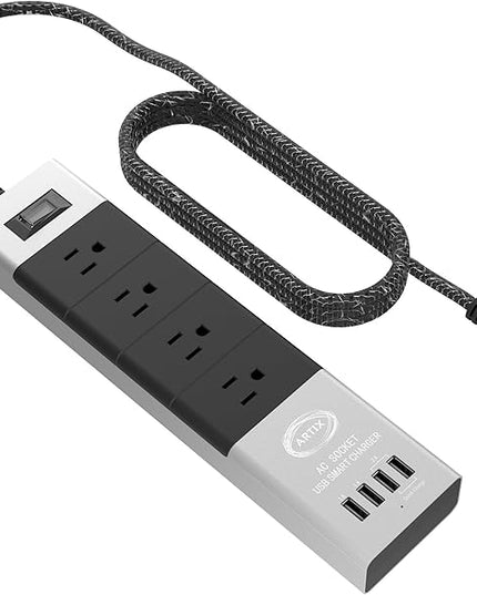 Power Strip Surge Protector by Artix NRGPower C500, Aluminum with Scratch-Proof Rubber Protective Outlets, 4 Outlets and 4 USB Ports, iSmart Technology Charging Station (Black & Silver)