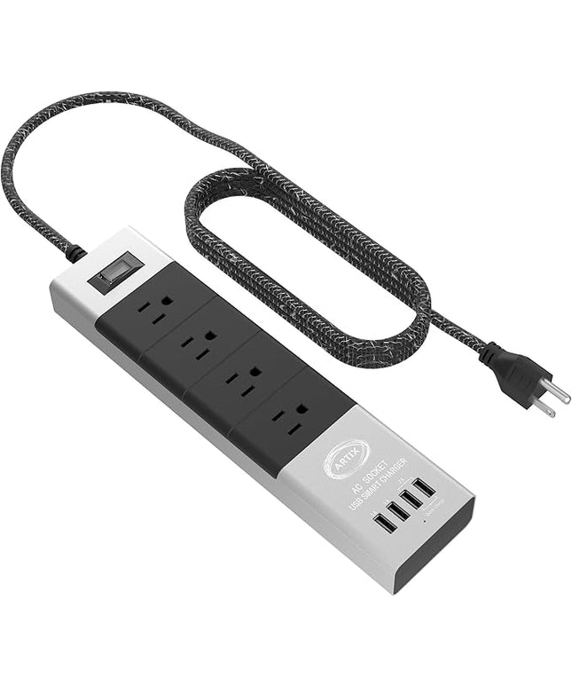Power Strip Surge Protector by Artix NRGPower C500, Aluminum with Scratch-Proof Rubber Protective Outlets, 4 Outlets and 4 USB Ports, iSmart Technology Charging Station (Black & Silver)