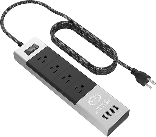 Power Strip Surge Protector by Artix NRGPower C500, Aluminum with Scratch-Proof Rubber Protective Outlets, 4 Outlets and 4 USB Ports, iSmart Technology Charging Station (Black & Silver)