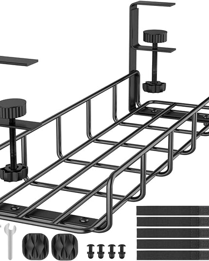 15.7” Under Desk Cable Management Tray, No Drill Steel Cable Tray Organizers, Wire Management Tray Cable Rack with Clamp Mount, Metal Under Desk Tray with Wire and Cord Organizer (Black, 1 Pack)
