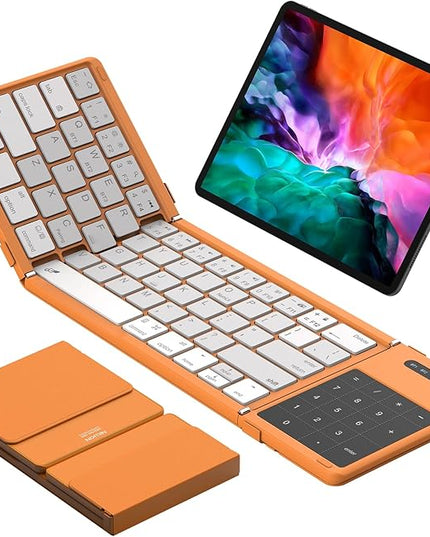 Nillkin Foldable Bluetooth Keyboard with Touchpad & Number Pad, Portable Bluetooth Keyboard with Full Size Keys, Pocket-Sized Wireless Travel Keyboards for iPad, Smartphone, Tablet and Laptop Orange