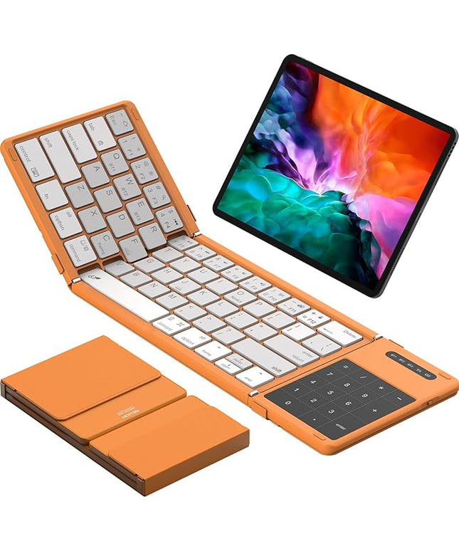 Nillkin Foldable Bluetooth Keyboard with Touchpad & Number Pad, Portable Bluetooth Keyboard with Full Size Keys, Pocket-Sized Wireless Travel Keyboards for iPad, Smartphone, Tablet and Laptop Orange
