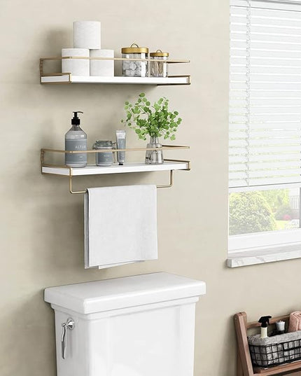 Forbena Floating Bathroom Shelves Wall Mounted, Aesthetic White and Gold Shelves for Bathroom Accessories, Modern Bathroom Organizer with Tower Bar for Wall Decor Storage Small Spaces, Set of 2