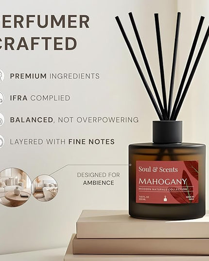 Soul & Scents Reed Diffuser Set – Mahogany | 7.43 oz Refillable Scented Oil with 6 Fiber Sticks | Long-Lasting Home Fragrance & Air Freshener for Bedroom, Bathroom, Office | Gift & Décor Piece