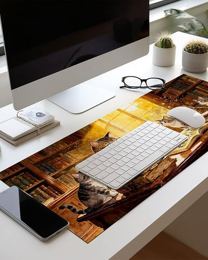 XL Mouse Pad 31.5 x 11.8 Inch Gaming Mousepad Diatomite Large Keyboard Mouse Pad for Home and Office Desk Accessories with Cozy Library Cat Study Artwork