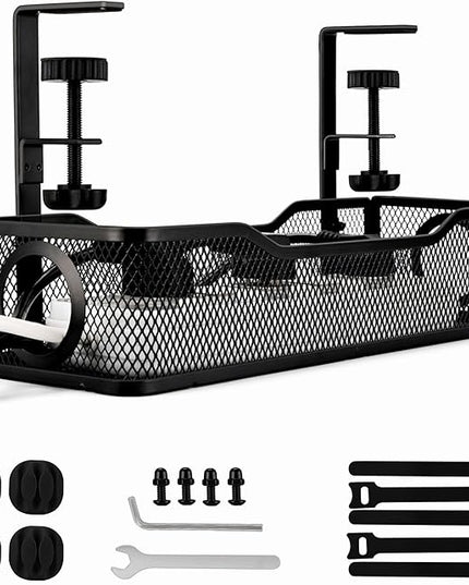 Under Desk Cable Management Tray Small – Clamp-Mounted Wire Organizer & Cord Management Under Desk Holder, No-Drill Metal Cable Tray for Home Office (Black)