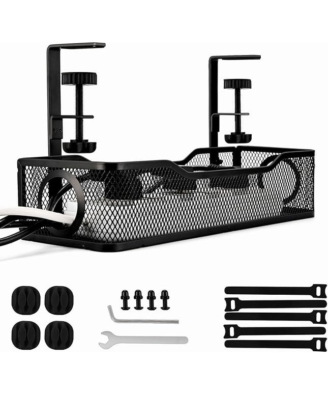 Under Desk Cable Management Tray Small – Clamp-Mounted Wire Organizer & Cord Management Under Desk Holder, No-Drill Metal Cable Tray for Home Office (Black)