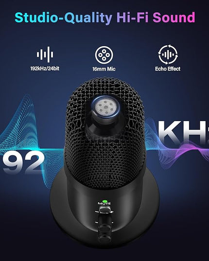 USB Microphone, Computer Condenser Mic with Noise Cancellation, Echo Mode, RGB Lighting, Mute Button, Plug & Play Gaming Mic for PC, Mac, PS5, Streaming, Recording, Podcasting & Online Meetings
