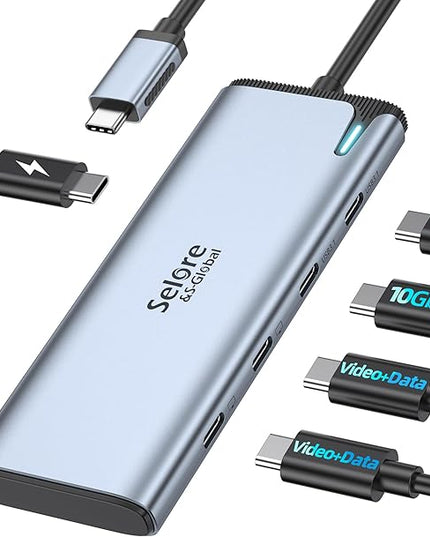 Selore&S-Global USB C Splitter USB C 4K/60Hz DP Alt Mode,USB C Hub Multiport Adapter with 2 USB C Video Output,10Gbps Data Transfer,100W PD,5 in 1 USB C to USB C Dual Monitor for Windows/Mac OS