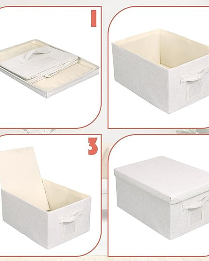 Large 17''x12'' Quart Collapsible Stackable Storage Bins with Lids, 2 Packs Off White Fabric Closet Boxes with Lids, Storage Cube Baskets Container Organizers for Bedroom Office(17''x12.2x''8'')