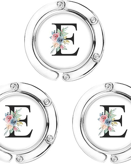 Iqimott 3pcs Personalized Initial Foldable Purse Hook for Table, Flower Letter Folding Handbag Hanger Portable Magnet Table Hook Holder, Collection Desk Purse Hooks for Women Bag (Black-E)