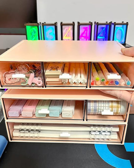 Desk Organizer with 6 Drawers, Makeup Organizer, Plastic Makeup Storage, Cosmetic Storage Organizer, Desk Storage Box, Bathroom Organization Boxes, Desktop Storage Box(Pink)