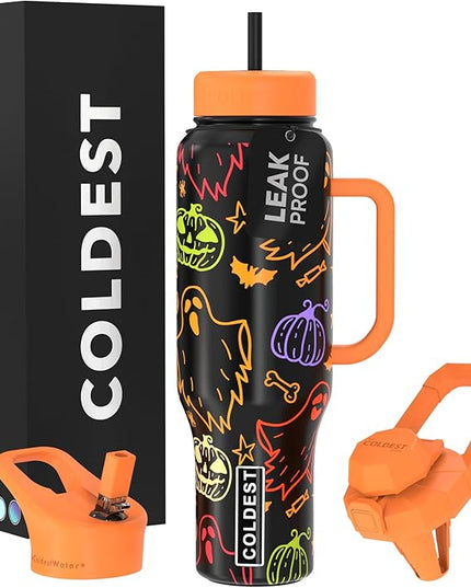 Coldest Tumbler with Handle and Straw, 100% Leak Proof Insulated Tumbler with Lid and Straw (3 Lids), Stainless Steel Tumblers for Women & Men, Cup Holder Friendly Base, 46 oz (Eerie-sistible)