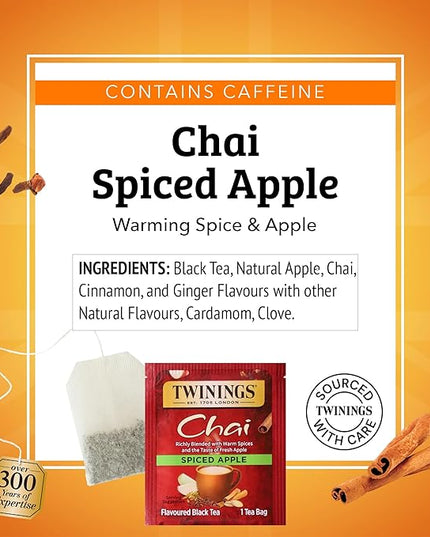 Twinings Spiced Apple Chai Black Tea Individually Wrapped Bags, 20 Count (Pack of 6), Sweet, Savoury Spices, Caffeinated, Enjoy Hot or Iced, 120 Teabags